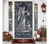 Peace On Earth - Cubiertas de puerta de Navidad con cita navideña de ángel | Diseños intrincados de copo de nieve, pancarta de porche, luz de linterna, elegante ilustración de ciervo