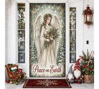 Peace On Earth - Cubiertas de puerta de Navidad con cita navideña de ángel | Ilustración de ángel sereno, letrero de puerta delantera, paisaje de bosque de invierno, texto de felicitación de vacaciones