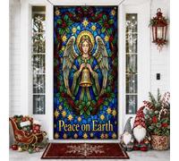 Peace On Earth - Cubiertas de puerta de Navidad con diseño de ángel de | Estilo artístico de vidrieras, telón de fondo para puerta delantera, tema religioso de vacaciones, acebo y detalles de cinta