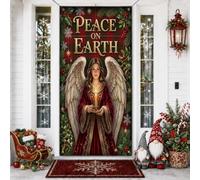 Peace On Earth - Fundas para puerta con cita de ángel de Navidad de 36 x 72 | Cita de paz en la tierra, telón de fondo para puerta delantera, patrón de cuadros rojos, vegetación de invierno