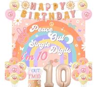 Peace Out - Decoración de fiesta de un solo dígito para niña, decoración de cumpleaños número 10, pancarta bohemia de feliz cumpleaños, pancarta de paz de un solo dígito, soy 10, telón de fondo para