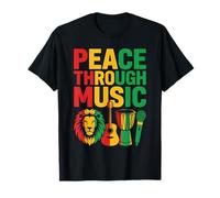 Peace Through Music Reggae Lion Guitarra Micrófono Arte Camiseta