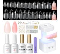PEACECOLOR Uñas Postizas Almendra con Mini Lampara, 240 piezas Tips Uñas con Pegamento, 10ML Nude Rosa Esmalte Semipermanente Top Coat, Uñas de Gel Nail Tips
