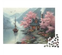 Peaceful Lake Cabin 1000 Piezas Rompecabezas Adultos Lago de Montaña Nevado con Casa de Cerezos en Flor Premium Robusto Vibrante Desafiante Difícil Alivio Estrés Familiar Regalo 70x50cm/1000pcs