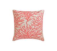 Peach 16"x16" Linen Throw Pillow, Coral Embroidery & Pearl, Beach Theme, Floral Modern Style - Coraline