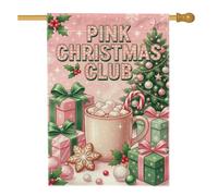 Peach Christmas Club Fanciful Holiday Cita Cacao Taza Bandera de casa 28 x | Galletas de jengibre, bandera de césped, cajas de regalo envueltas, bayas de acebo, detalles de copo de nieve de invierno