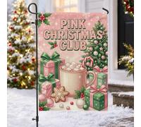Peach Christmas Club Fanciful Holiday Cocoa Mug Garden Flag 12 x 18 | Galletas de jengibre, bandera de césped, cajas de regalo envueltas, bayas de acebo, detalles de copo de nieve de invierno