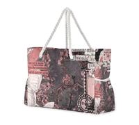 Peach English Patchwork Newspaper - Bolsa para exteriores, a prueba de arena, con bolsillos laterales, para el trabajo, viajes, gimnasio, vacaciones
