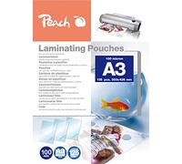 Peach Láminas para plastificar A3 - 100 micras - 125 bolsas - brillante - para mejores resultados de laminación - Compatible con todos los fabricantes de marcas - PP500-01P