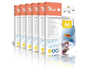 Peach Láminas para plastificar A4 - 125 micras - 6 x 100 bolsas - brillante - para mejores resultados de laminación - Compatible con dispositivos de todas las marcas - PP525-02P