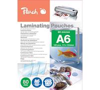 Peach Láminas para plastificar A6 - 80 micras - 125 bolsas - Brillante - para mejores resultados de laminación - Compatible con todos los fabricantes de marcas - PP580-04P