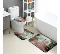 Peach Princess - Juego de 3 alfombrillas de baño con estampado floral vintage, absorbentes, antideslizantes, en forma de U, lavables, elegantes, de espuma viscoelástica, para jardín, de secado rápido
