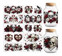 Peacoblue 10 hojas de gran formato rosas rojas y negras con calaveras UV DTF taza transferencia pegatinas 24 x 11 cm, palabras en pulgadas DTF pegatinas de transferencia de muebles para vasos de