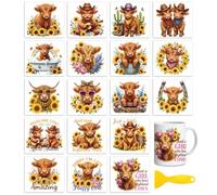Peacoblue 18 hojas de transferencia de frotamiento para artesanías, vaca de las tierras altas con girasoles de San Patricio suerte 3.6"x3.9" Uv Dtf película para sobre taza impermeable para madera
