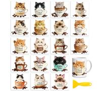 Peacoblue 18 hojas de transferencia para manualidades, gato con taza de café de 3.6 x 3.9 pulgadas, UV DTF, impermeables, calcomanías de transferencia en frío para madera, vidrio, taza de metal, vasos