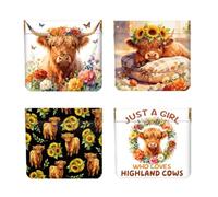 Peacoblue 4 monederos pequeños de cuero para mujer, diseño de animales, impermeable y duradero, mini cartera de dinero, el mejor regalo para adultos, Bonito ganado y girasoles de las tierras altas