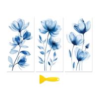Peacoblue Calcomanía para Muebles y Manualidades 6"x12" Flores Acuarela Azules, 3 Piezas Transferencia DTF UV Impermeable para Cajón, Cómoda, Vidrio, Porcelana, Madera, Plástico