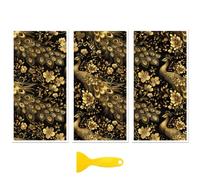 Peacoblue Calcomanía para Muebles y Manualidades 6"x12" Pavo Real Negro y Dorado con Flores, 3 Piezas Transferencia DTF UV Impermeable para Cajón, Cómoda, Vidrio, Porcelana, Madera, Plástico