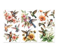 Peacoblue Frotar Pegatina de Transferencia para Mueble Rub on Transfer Furniture 6"X12" Colibrí y flor, 3pcs UV DTF Decor Calcomanía Manualidades para Madera Puerta Glass Cajonera Adornos