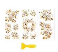 Peacoblue Pegatinas para rascar muebles, decoración de manualidades, 15 x 30 cm, flores blancas y doradas, 3 unidades, resistente al agua, transferencia UVDTF para cajón, cómoda, cristal, porcelana