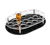 peacoblue Soporte para 24 bandejas de vasos de chupito con base pesada, color negro, barra transparente elíptica, bandeja organizadora con ranura central para botellas para fiestas, clubes y bares en