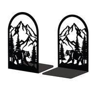 Peacoblue Sujetalibros Metálico para Estantería Decorativa, Moderno Y Creativo Soporte de Libros Resistente para Escritorio O Estante de Estudio, Par (Montaña Y Bosque con Oso)