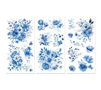 Peacoblue UV DTF Rub-On Transferfolie Möbel-Sticker Blaue Blumen Muster 15x30cm, 3 Stk. Wasserfeste Deko-Transferaufkleber für Möbel Glas Gläser Porzellan Wäscheschränke Kommoden Holz Kunststoff