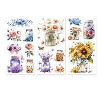 Peacoblue UV DTF Rub-On Transferfolie Möbel-Sticker Glasflasche mit Blumen Muster 15x30cm, 3 Stk. Wasserfeste Deko-Transferaufkleber für Möbel Gläser Porzellan Wäscheschränke Kommoden Holz Kunststoff