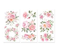 Peacoblue UV DTF Rub-On Transferfolie Möbel-Sticker Rosa Blumen Muster 15x30cm, 3 Stk. Wasserfeste Deko-Transferaufkleber für Möbel Glas Gläser Porzellan Wäscheschränke Kommoden Holz Kunststoff