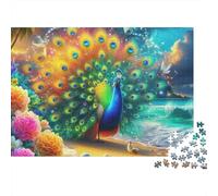Peacock 1000 Piezas Rompecabezas para Adultos Pavo Real con Plumas Doradas Junto al Mar Premium Grueso Resistente Vibrante Desafiante Alivio de Estrés Juego Familiar Decoración 38x26cm/1000pcs