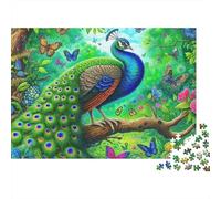 Peacock 1000pc Rompecabezas Adultos Pavo Real en Rama con Mariposas Coloridas Premium Grueso Resistente Vibrante Desafiante Alivio de Estrés Regalo 52x38cm/1000pcs