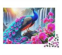 Peacock 1000pc Rompecabezas Adultos Pavo Real Junto a Cascada con Flores Rosas Premium Grueso Resistente Vibrante Desafiante Alivio de Estrés Regalo 70x50cm/1000pcs