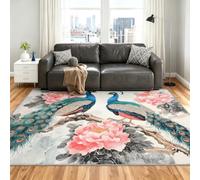 Peacock Alfombra 240x300cm, Peony Floral Alfombras for Living Room | Large Washable Soft Low Pile Anti-Slip Moqueta for Bedroom Home Decor Mat