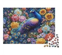 Peacock Floral Art Rompecabezas 1000 Piezas Adultos Pavo Real Vibrante Rodeado de Flores Florecientes Premium Robusto Vibrante Desafiante Alivio Estrés Juego Familiar Regalo 52x38cm/1000pcs