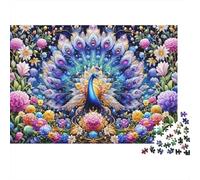 Peacock Floral Fantasy Robusto 1000 Piezas Rompecabezas Adultos Pavo Real Azul con Cola Floral Completamente Desplegada Premium Robusto Desafiante Alivio Estrés Juego 38x26cm/1000pcs