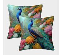Peacock in Garden-Vibrant Floral Art Style Fundas De Cojín del Sofá Juego De 2 Available All Seasons Fundas De Almohada Decorativos Cuadrado Almohada Funda De Almohada para Sala Hogar 40x40cm