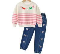 Peacolate - Conjunto de ropa para niñas, para niños, 2 unidades, de manga larga, con lentejuelas, para el amor, suéter y azul, bordado, vaqueros, primavera, otoño de 3 a 8 años, rosa, 4 años