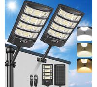 PEAKRO Farolas Solares LED Exterior, Foco Solar Potente 6500K Blanca y 3000K Cálida Luz Impermeable con Mando a Distancia,Sensor de Movimiento Farolas de Jardín Lámpara Solar para Garaje -2 Pack