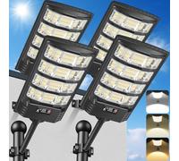 PEAKRO Farolas Solares LED Exterior, Foco Solar Potente 6500K Blanca y 3000K Cálida Luz Impermeable con Mando a Distancia,Sensor de Movimiento Farolas de Jardín Lámpara Solar para Garaje -4 Pack
