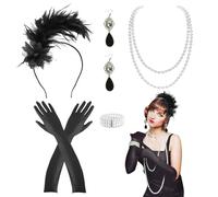 PEAKTOP 6PCS Accesorios AñOs 20 Mujer, 1920s Set De Accesorios, Disfraz AñOs 20 Con Aretes Collar Guantes Diadema De Plumas Y Pulsera, Disfraz Charleston Mujer Para Halloween Carnaval Y Cosplay