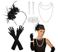 PEAKTOP 6PCS Accesorios Años 20 Mujer, 20 Mujer Disfraz, Accesorios Para Mujer De Los Años 20, Halloween Navidad 1920s Set De Accesorios Con Guantes Collar De Perlas Diadema Pendientes