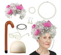 PEAKTOP 7pcs Disfraz De Anciana Kit Accesorios, Disfraces De Abuela Disfraz De Anciana, Parrucca Nonnadisfraz Abuela Con Peluca Collar Pulsera Pendientes BastóN Para Cosplay Halloween Carnaval