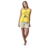 Peanuts Pijama Mujer Snoopy Working de Algodón con Manga Corta Cuello Redondo Pantalón Largo Punto Slub Estampado y Diseño Diario Color Amarillo Talla