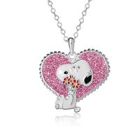 PEANUTS Snoopy - Collar para mujer con licencia oficial, 16+2, collar de corazón chapado en plata con purpurina rosa y cristal, Latón, Cristal