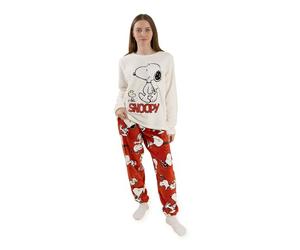 Peanuts Snoopy Pijama de Manga Larga y pantalón Largo para Mujer, Color Crema y Rojo, con diseño de Felpa Suave y acogedora | Ideal para Estar cómoda en casa o a la Hora de Dormir