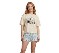 Peanuts Snoopy Women's Cream Short Sleeve Pyjama Set | Blue Lazy Days Shorts with Snoopy and Woodstock Print | Crew Neck Cotton Pull-On Nightwear | Loungewear Gift