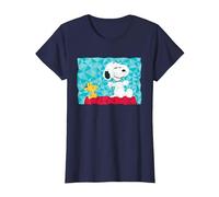 Peanuts Snoopy Woodstock Sentado en la Perrera geométrica Camiseta, Mujer, Azul Marino, M