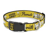 Peanuts Worldwide LLC - Collar para mascotas, collar de perro, hebilla de plástico, Peanuts Gang desde 1950, Good Grief Group Pose amarillo y negro, 8.5 a 12 pulgadas, 0.5 pulgadas de ancho