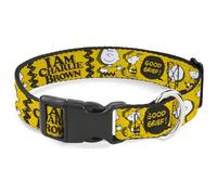 Peanuts Worldwide LLC Collar para mascotas, collar de perro, hebilla de plástico, poses de Peanuts I Am Charlie Brown y rayas amarillas en zigzag, 8.5 a 12 pulgadas, 0.5 pulgadas de ancho