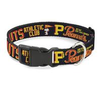 Peanuts Worldwide LLC Collar para mascotas, collar de perro, hebilla de plástico, poses y citas de Peanuts Athletic Club, negro, rojo, amarillo, 20 a 31 pulgadas, 1.5 pulgadas de ancho